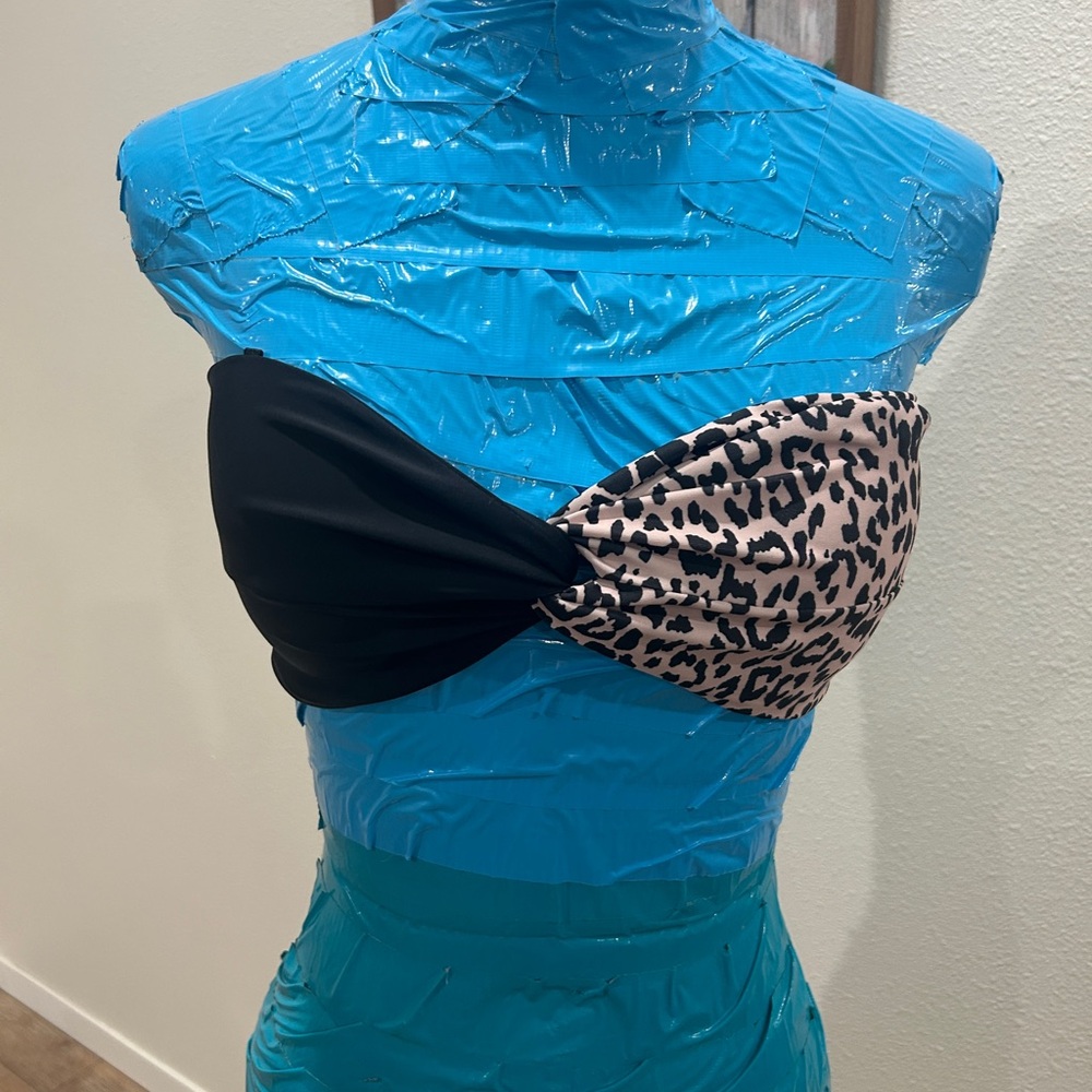 Leopard Print and Black Twist Bikini Bandeau Swim Top